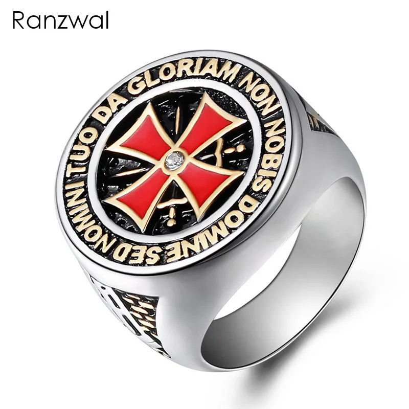 Vintage Titanium Steel Templar Cross Red Armor Shield Crusader Ring Amulet Masons for Men Jewelry Gift