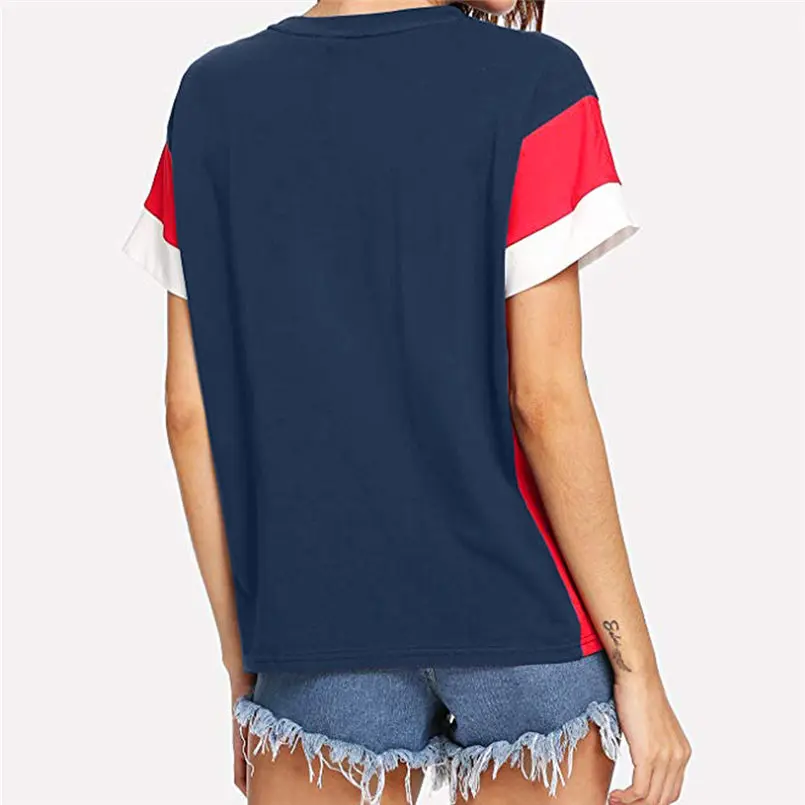 Summer Women Loose Color Block Blouse Short Sleeve Casual Tee Fashion Women Girls Clothes Camisetas Mujer 35DE25 (9)