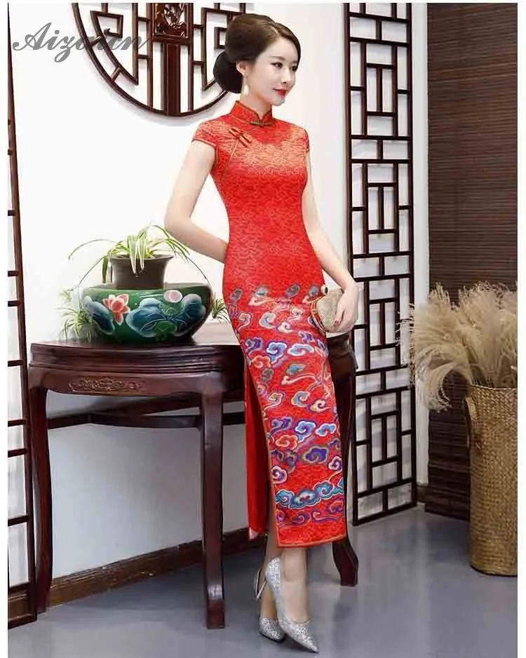 2019 Новые Красные Длинные Cheongsam современный похожие Шелковый Ци Пао Для женщин китайское традиционное платье Oriental Стиль высокое платье