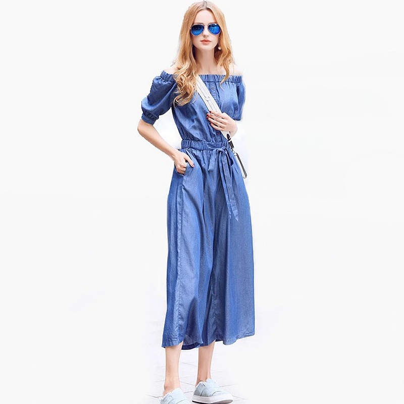 50 Tencel Denim Jumpsuits Women Elastic Waist Slash Neck Regular Wide