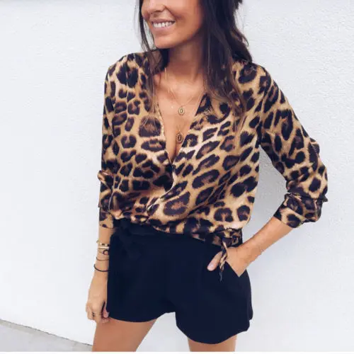 

Women Clothes 2019 Leopard Print Autumn Top Long Sleeve V-Neck Cotton Casual Blouse Sexy Shirt Wholesale