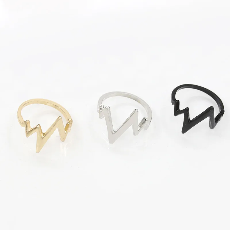 

ECG electrocardiogram Shape Simple Modern Style Rings Silver Golden Black Fashion Ring for Women Men