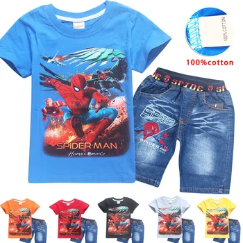 

Boys cartoon casual suit Spider-Man Cotton short sleeved T-shirt + Sport Jeans Marvel superhero clothes for kids