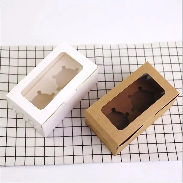 

5pcs 2 Holes Cupcake Boxes and Packaging Kraft Paper Cake Box With Clear Window Wedding Party Macaron Cookies Box For Gift