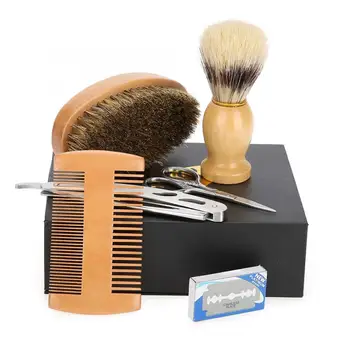 

6pcs/Set Beard Care Kit Beard Brush + Shaving Brush + Comb + Scissor + Shaving Razor + Blades Set
