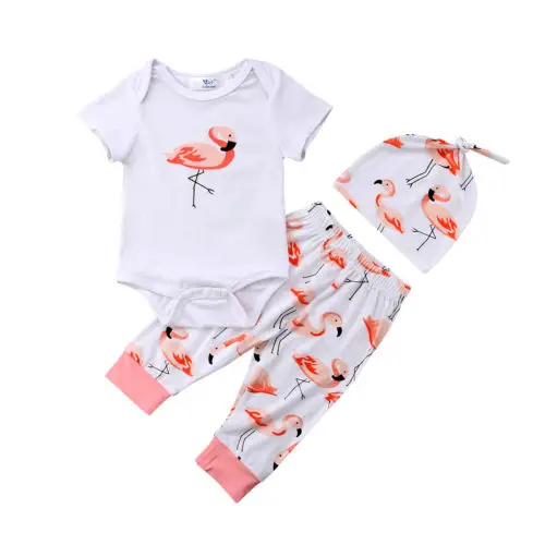 Flamingos Print Baby Girl Clothes Romper + Flamingos Long Pants Hat