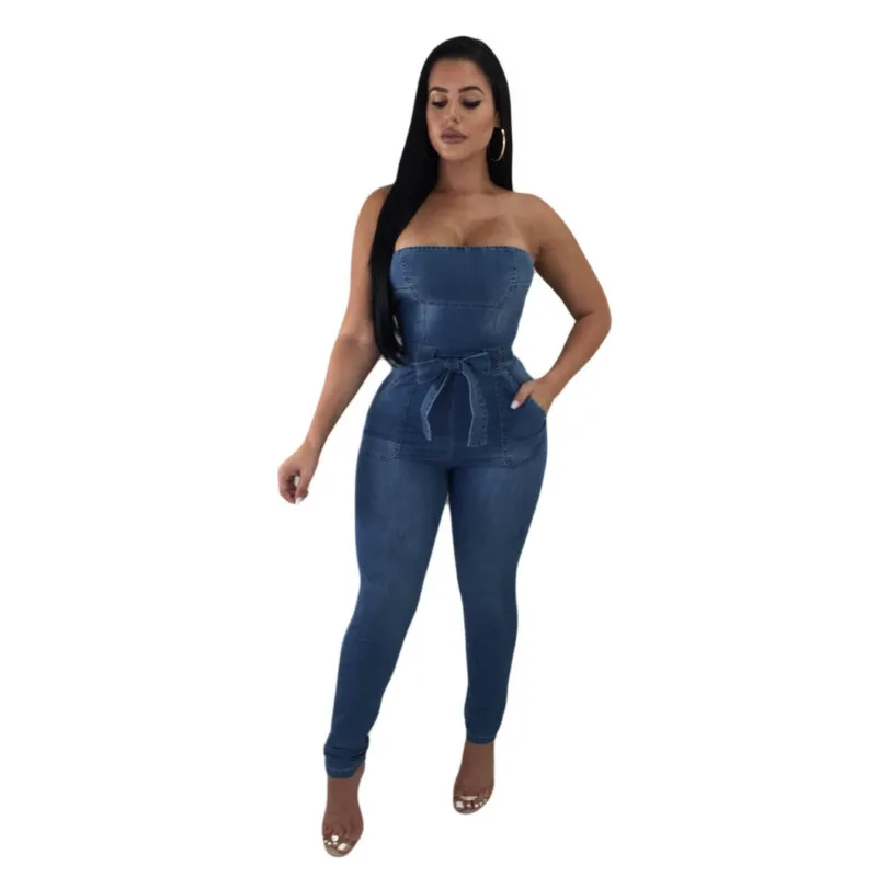 Buy Women's Denim Jumpsuit Elastic Skinny Strapless