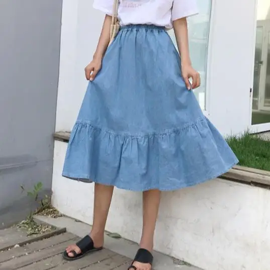 Гофрированная юбка летняя Harajuku высокая талия эластичная длинная женская