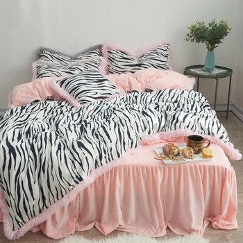 

Comfortable Fleece Fabric Flannel Bedding Set Black White Zebra Pattern Duvet Cover Pink Gray Green Bed Skirt Pillowcases 3/4pcs