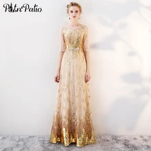 Золотые вечерние платья Длинные Новые Элегантные трапециевидные вечерние платья в пол с круглым вырезом и блестками Роскошные вечерние платья для женщин