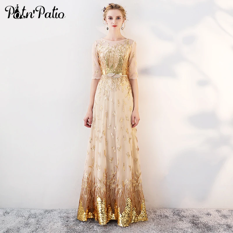 Gold Evening Dresses Long 2019 New Elegant O-neck A-line Floor-Length Sequined Formal Dresses Luxury Evening Gowns For Women Gold Evening Dresses Long 2019 New Elegant O-neck A-line Floor-Length Sequined Formal Dresses Luxury Evening Gowns For Women