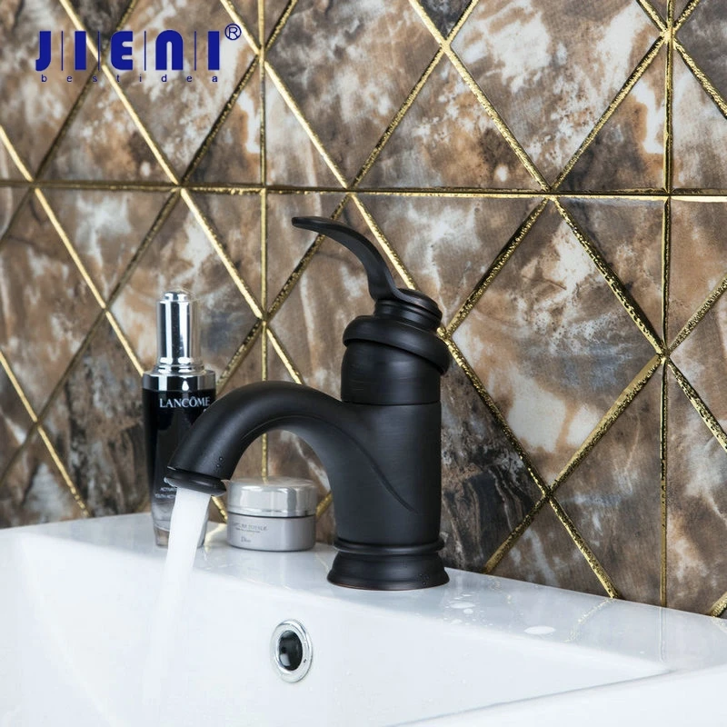 

JIENI Black ORB Wash Basin Short Hot Cold Bathroom Oil Rubbed Black Bronze Deck Mount Single Handle Vessel Sink Tap Mixer Faucet