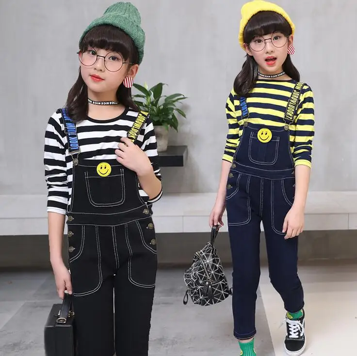 

2018 Autumn Girls Jeans overalls outfits clothing sets kids clothes Striped t shirt + Jeans Jumpsuit For 4 6 8 10 12 14 Years