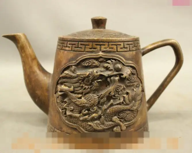 

S03059 19CM Folk Chinese Bronze Old Lucky Dragon Ball Dragons Statue Teapots Wine Pot B0403