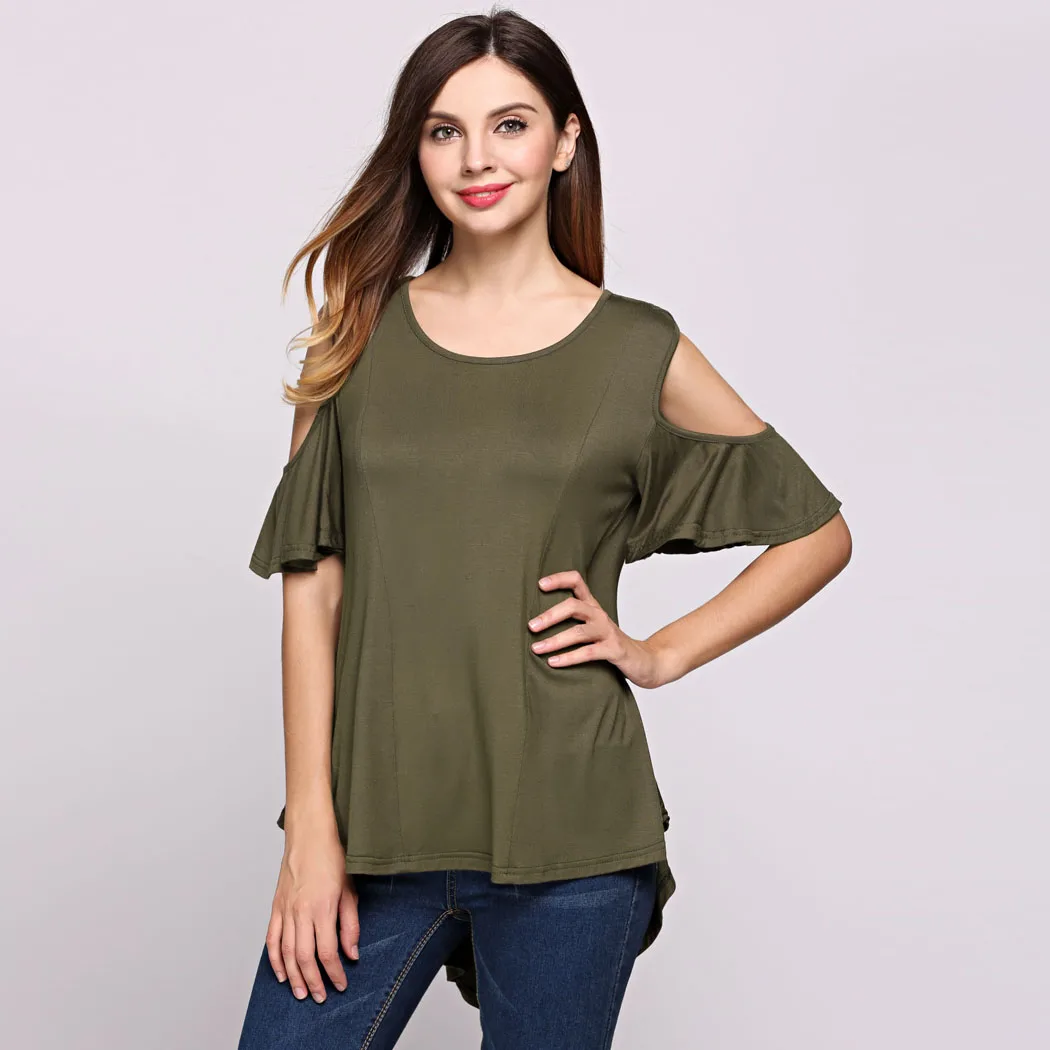 2017 Women Summer Tops Long Low Hem Pleated Short Sleeve Cold Shoulder ...