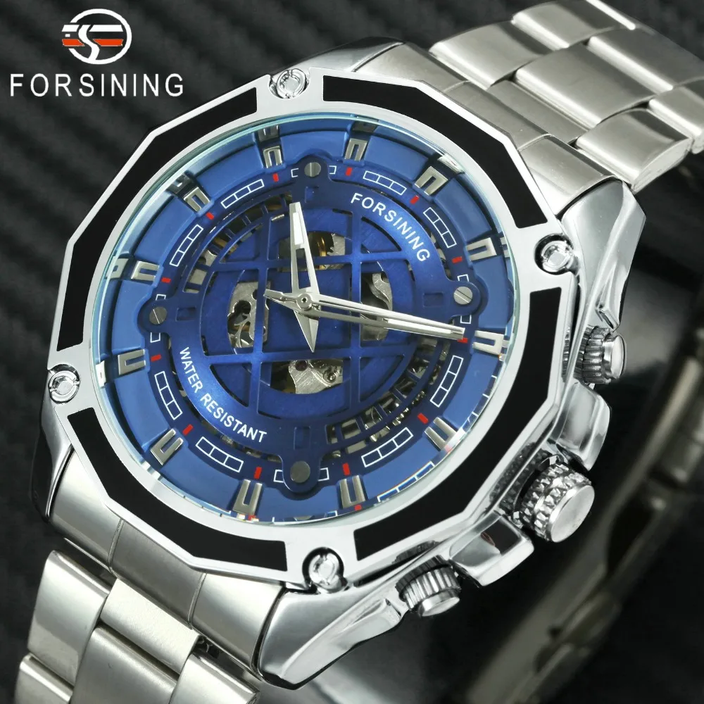 

2018 FORSINING Chic Automatic Mechanical Watch Men Skeleton Blue Dial Stainless Steel Strap Top Brand Luxury Fashion Wristwatch