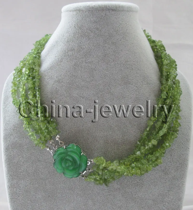 

FREE SHIPPING ******Beautiful 18" 6row natural peridot chip necklace - cat eye flower clasp