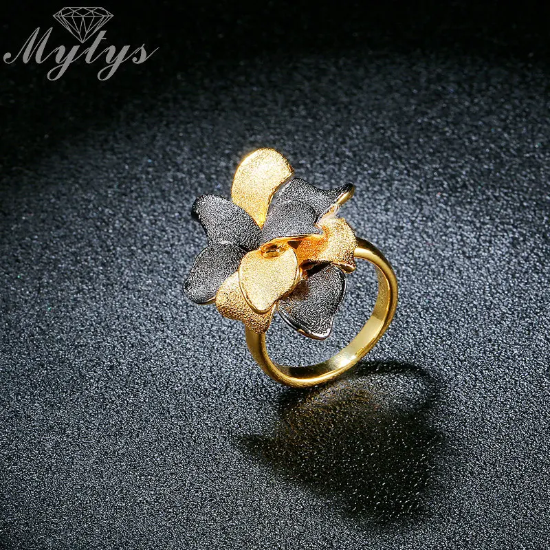 Mytys черный и золотой Цвет Винтаж матового металла цветок кольцо для Для женщин моде Кольцо Коллекция подарков r1921