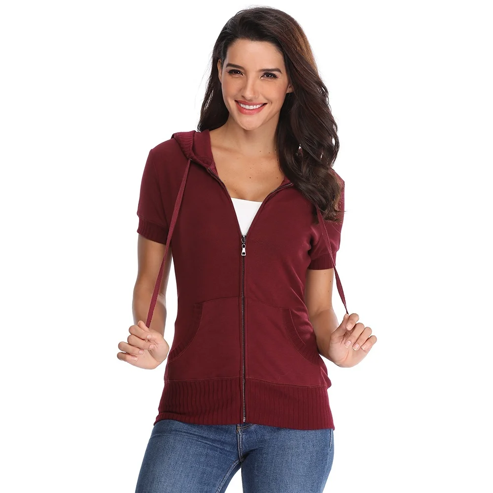 Women's Casual Short Sleeve Hoodie Zip Up Sweatshirt Kangaroo Pocket