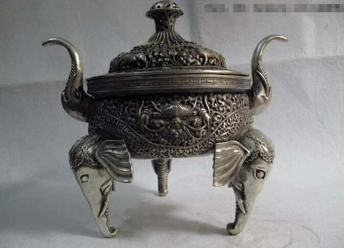

Collectible bronze lion statue S0667 Tibet Buddhism white bronze silver eight treasure elephant censer incense burner