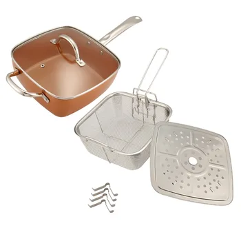 

4pcs/kit Western Style Copper Square Non-stick pan Baked Grilled Fried Fry Basket Steamer Rack +Glass Lid
