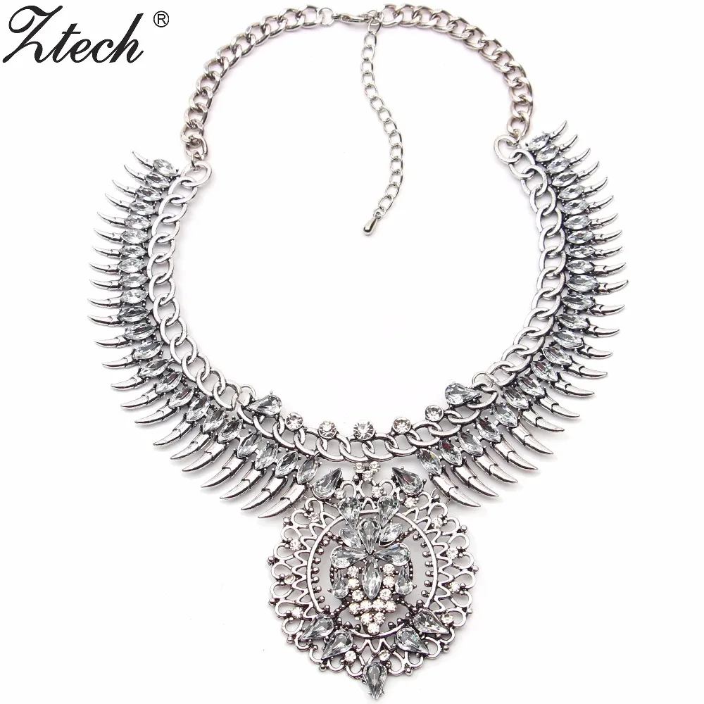 

Ztech Exaggerated Maxi Necklace Handmade Shining Crystal Inlaid Charm Statement Vintage Long Carving Pendant Necklace wholesale