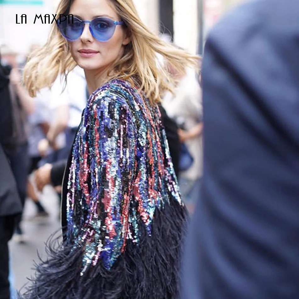

Women's Jacket O-neck Zipper Fashion Sexy Chic Flash Feather Decoration Women's Jacket 2018 New Designer