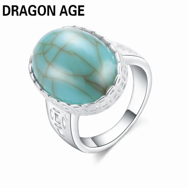 New Pretty Jewellery Women's Oval Green Turquoises Stone Ring Personalized Vintage Plated Silver Finger Rings Size 6-10 Hot Sale