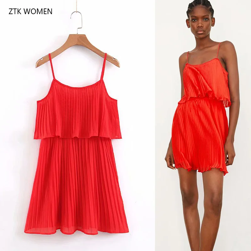

women chiffon red pleated mini dress Sexy elastic waist adjustable straps sleeveless female casual party mini dresses vestidos