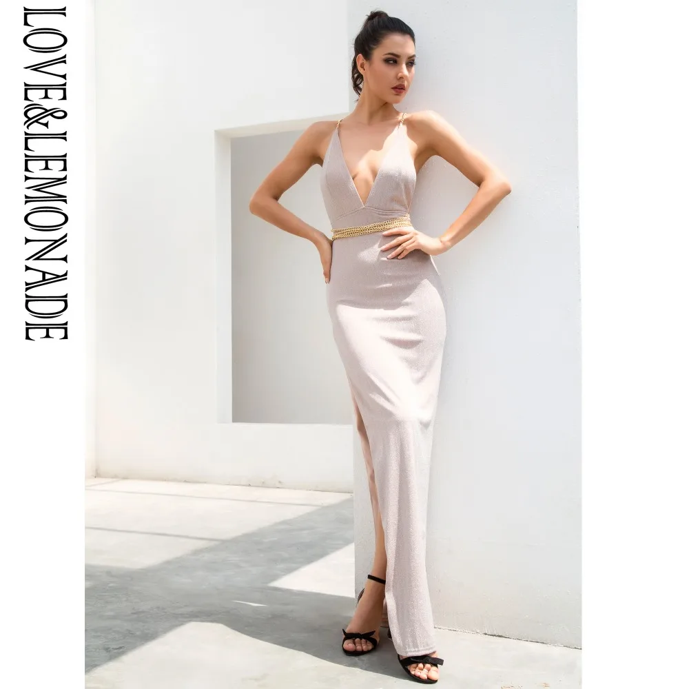 

Love&Lemonade . Nude Deep V Neck Open Back Side Cut Out Golden Chain Decoration Maxi Dress LM1089