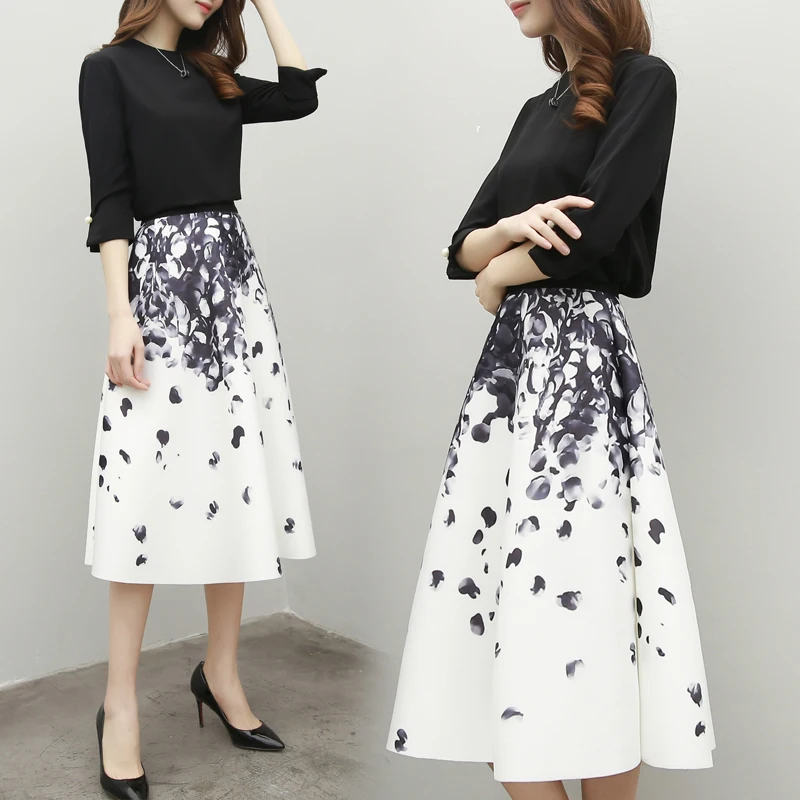 

Women High Waist Flared Midi Skirts 2018 Autumn Casual Pleated Printed Pleated Skirts Vintage Mid-calf Skirts Saia Femininas