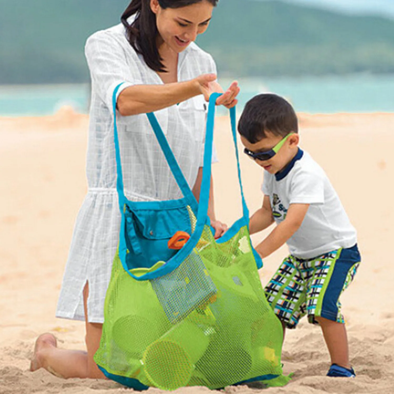buy  2Pcs Beach Bath Creative Toys Portable Reusable Foldable Mesh Tote Bags Toy Kids Towels Shell Pool 