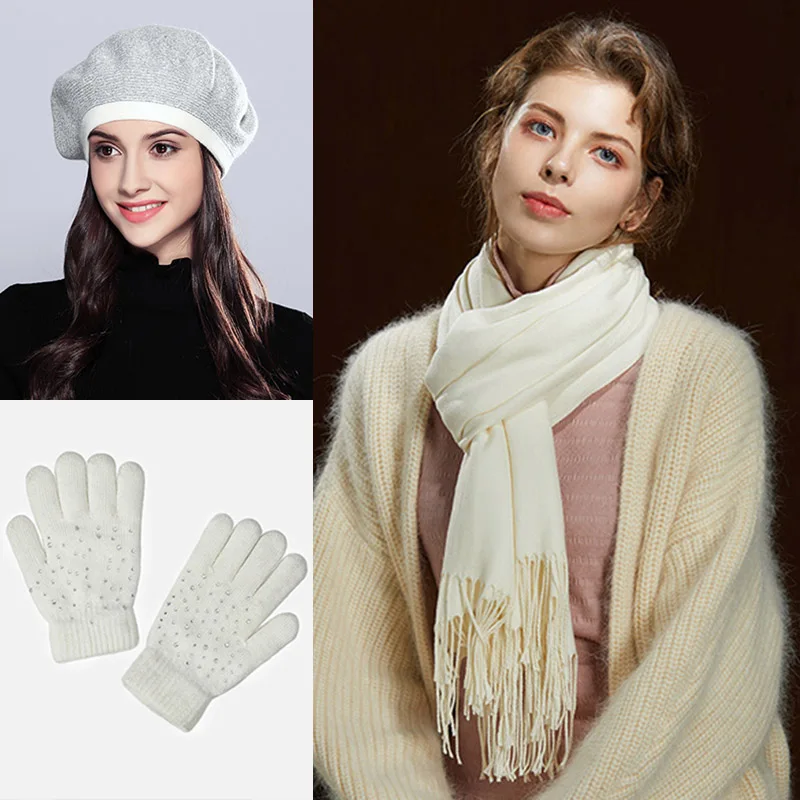 3 Pieces Hot Sale Scarf And Hats For Female And Gloves For Winter Woman Fashion Accessory