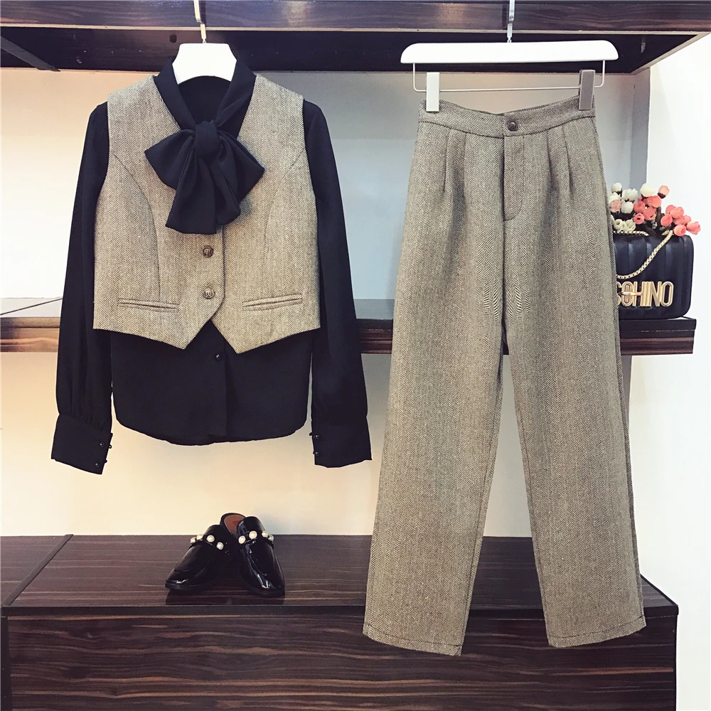 

2019 Spring and Autumn OL Ladies Long Sleeve Bow Tie Shirt + Vest Jacket + Long Trousers Three-piece Women's Woolen Pants Suit