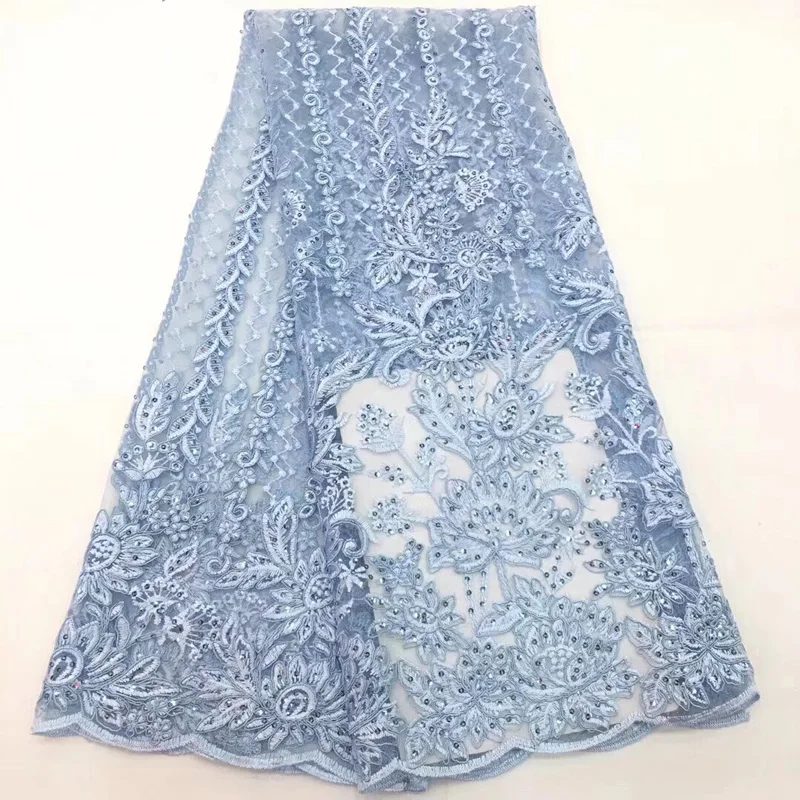 

Free shipping (5yards/pc) high quality skyblue French net lace embroidered African tulle lace with sequins for dress FLC886