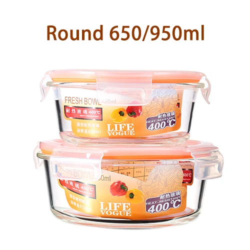 Свежая коробка набор боросиликатного стекла контейнер для еды Ланч-бокс Bento Microwavable свежее сохранение - Цвет: Round 650-950