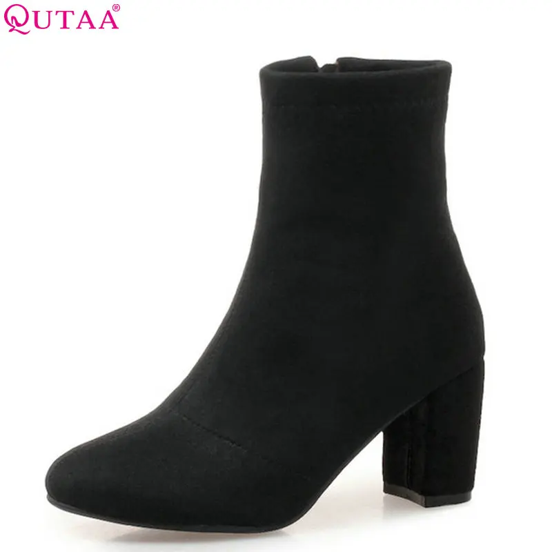

QUTAA 2019 Women Ankle Boots Sock Boots All Match Flock Square High Heel Winter Boots Women Motorcycle Boots Big Size 34-43