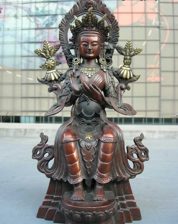 

fast shipping USPS to USA S0011 12"Tibet Nepal red bronze Copper sit green TARA Kwan-Yin Guan Yin buddha statue