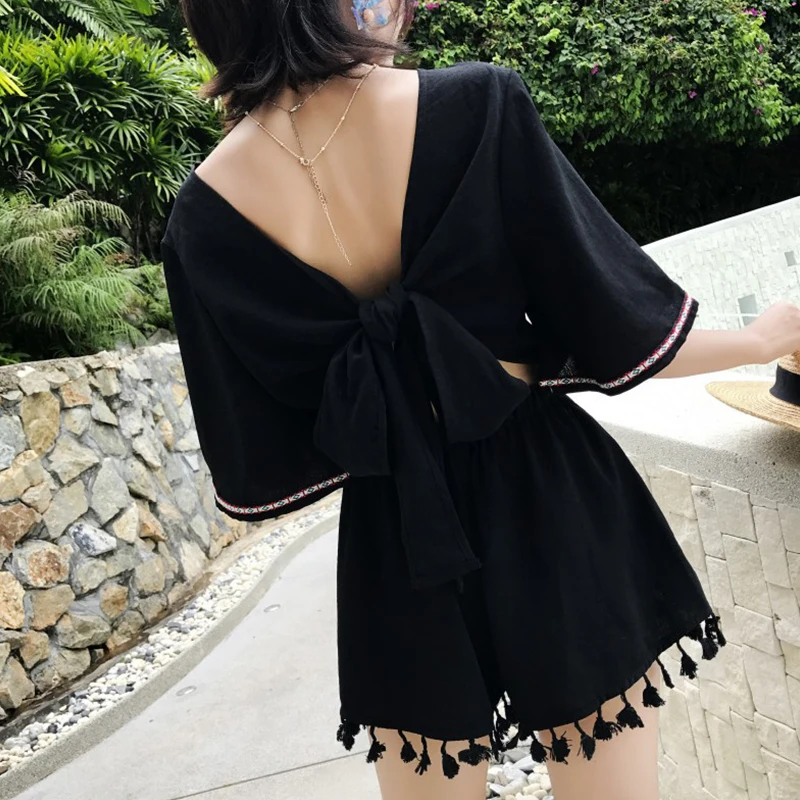 Летние женские комбинезоны, пляжный праздник, Boho, v-образный вырез, короткие брюки женские с бантом, открытая спина, свободные сексуальные комбинезоны с кисточками