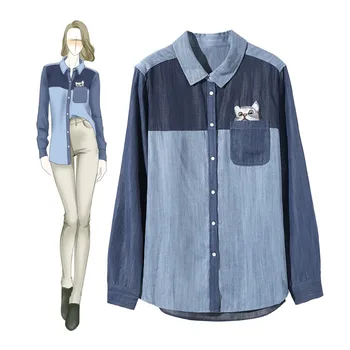

Fashion women's Denim Shirts 2019 spring cute cat embroidery long sleeves Shirts & Blouses G078