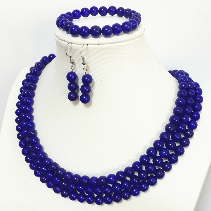 

Hot sale blue lapis lazuli 8mm round beads charms elegant 3 rows necklace bracelet earring best gift jewelry set 17-19inch B1516