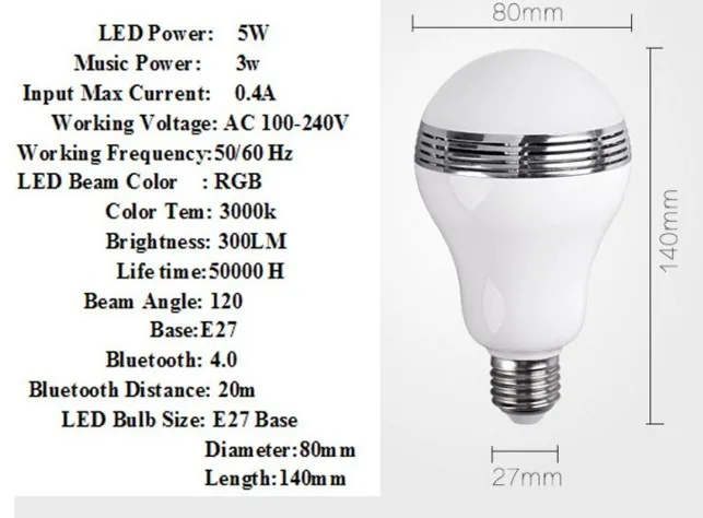 Бесплатная доставка E27 или B22 Беспроводной Bluetooth Динамик RGBW Цвет Smart Светодиодный свет лампы