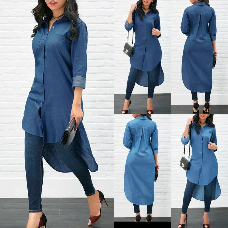 Women's Blue Jeans Denim Long Sleeve Casual Loose Shirt Mini Dress