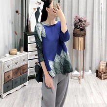 Морщины лето свободный большой ярдов лист край 7 точка рукав Топ MIYAKE плиссированные футболки