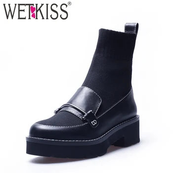 

WETKISS High Heels Women Ankle Boots Knitting Round Toe Footwear Cow Leather Female Sock Boot Autumn Platform Shoes Women 2018