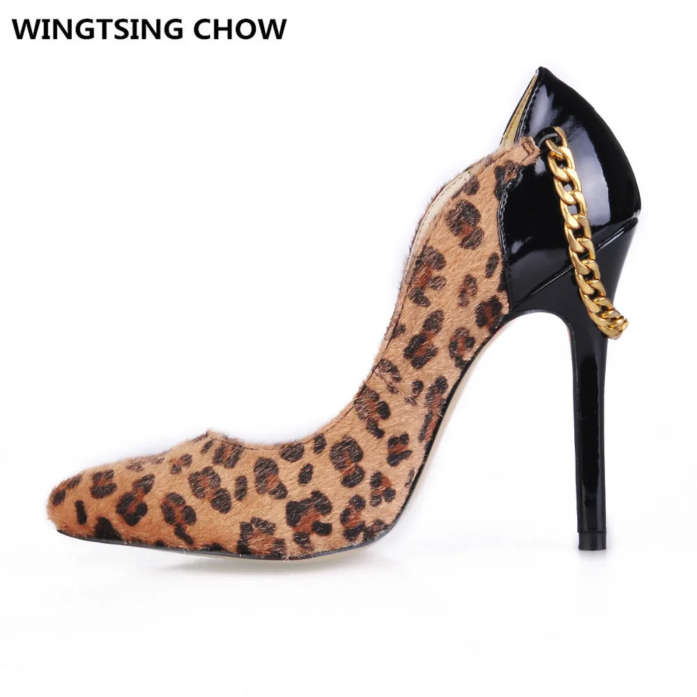 

Leopard Print Chains Pointed Toe High Heels Sexy Shoes Woman High Heel Superstar Women Shoes Leather Pump Plus Size