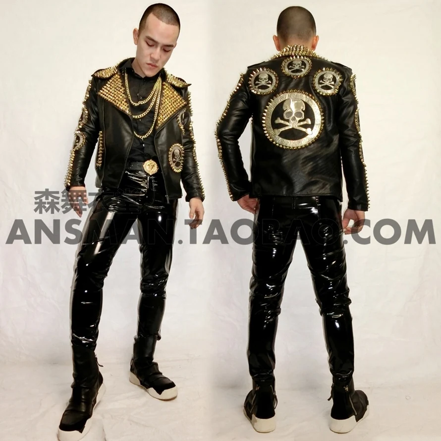 

New Cool Male singer performance jacket costumes Crow heart skeleton rivet head locomotive leather costumes