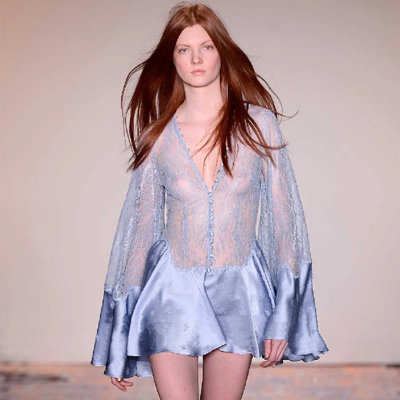 

High Quality 2019 Holiday Vocation Blue Sexy Lace Women Long Sleeve Beach Mini Dress
