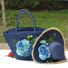 Женские соломенные сумки шляпа набор винтажные Цветочные пляжные сумки модные летние синие сумки соломенная шляпа ручной работы цветочные сумки для путешествий праздник