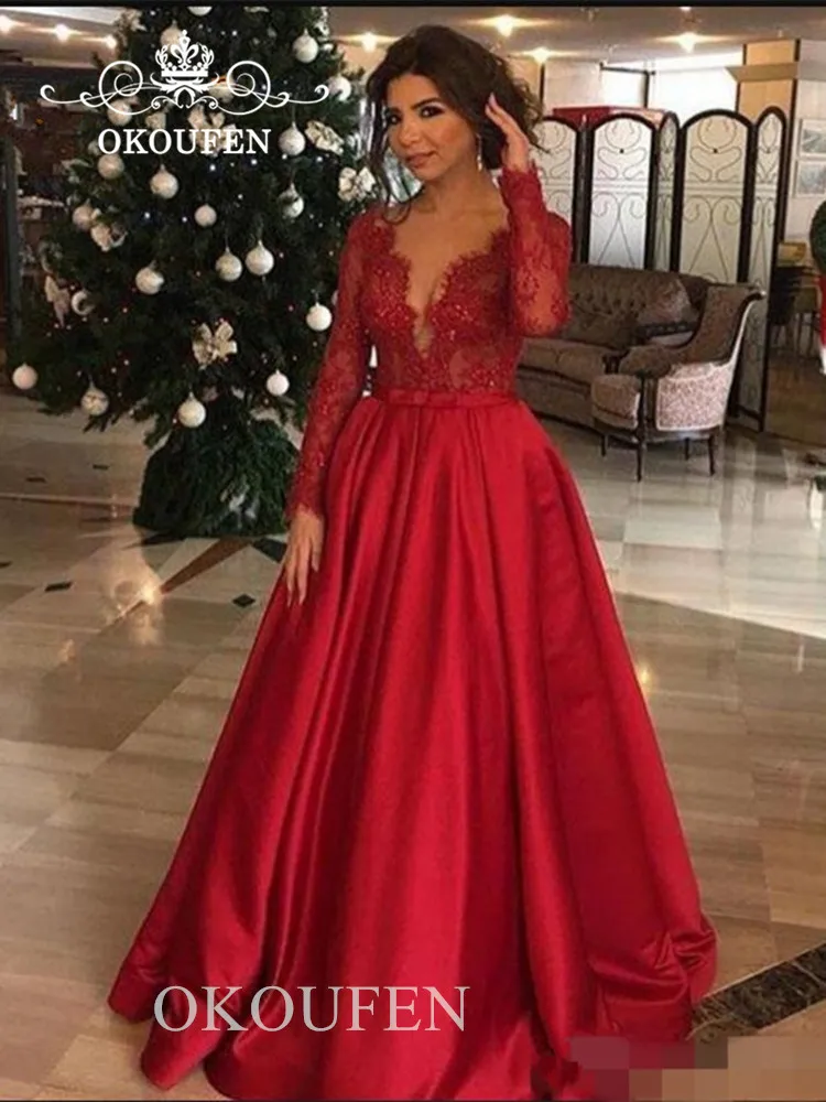 

Fashion Red Sheer Lace Mother Of The Bride Dresses With Long Sleeves 2019 Deep V Neck A Line Formal Evening Dress Prom For Women